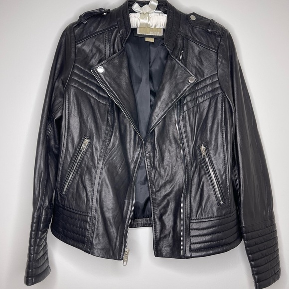 Michael Kors 100% Leather Black Asymmetrical Moto Jacket M - Picture 2 of 8